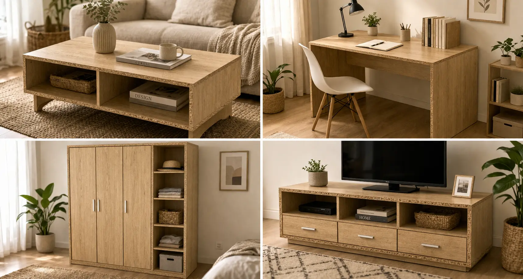 Chipboard’dan yapılmış gardırop, dolap ve raf gibi mobilyalar; ev ve ofis kullanımını göstermektedir.