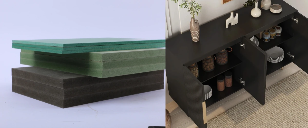 black MDF display showing smooth black surface panels for furniture and interior use