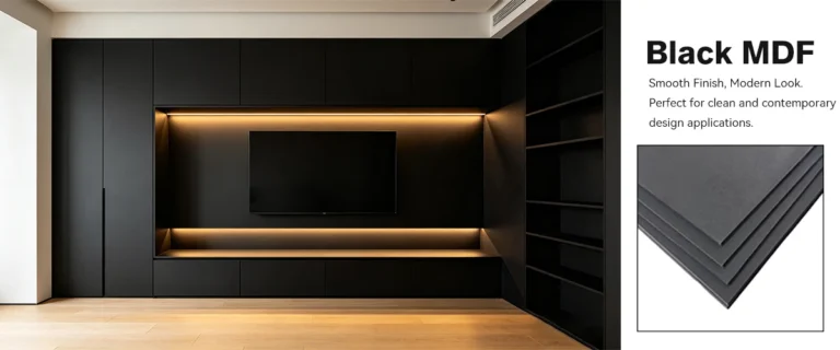 Guía de tablero de MDF negro que muestra una superficie oscura y lisa utilizada para muebles y aplicaciones de interior.