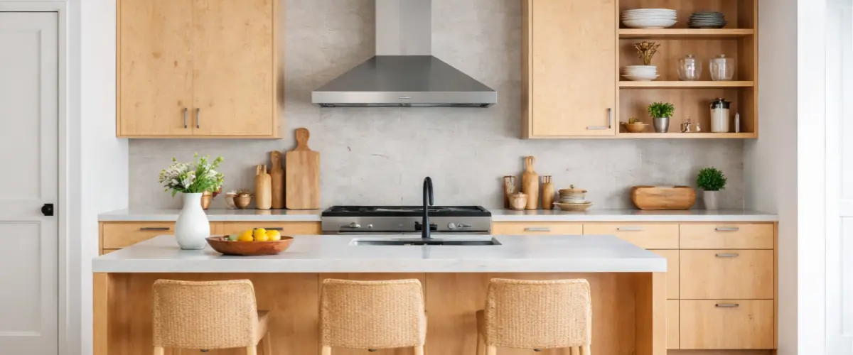 Armários de cozinha modernos fabricados com madeira compensada de alta qualidade para design de interiores.