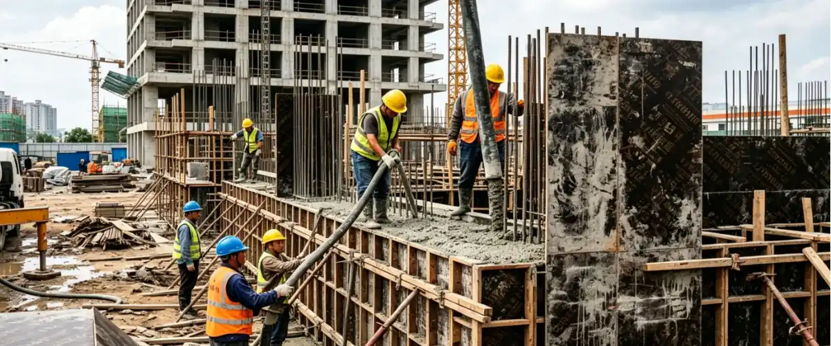 Contrachapado revestido con película en uso, mostrando paneles en aplicaciones de construcción y encofrado.