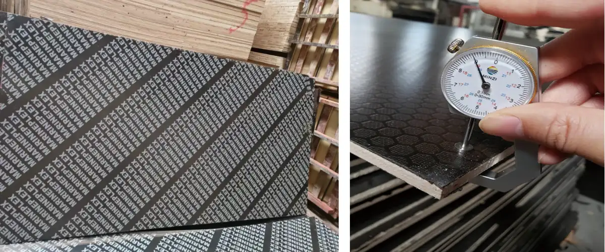 Expositor de madera contrachapada con revestimiento fílmico que muestra paneles revestidos para la construcción y el mobiliario.