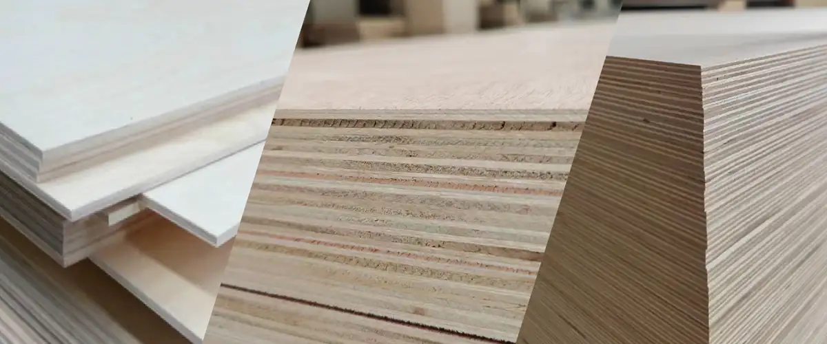 Espositore in compensato che mostra fogli impilati di pannelli di legno multistrato con superficie a venatura naturale