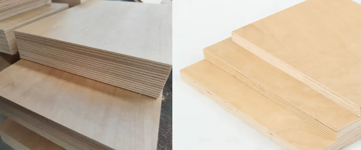 Exposición de paneles de madera contrachapada de abedul que muestran una superficie lisa y una construcción en capas para aplicaciones de mobiliario e interiores.