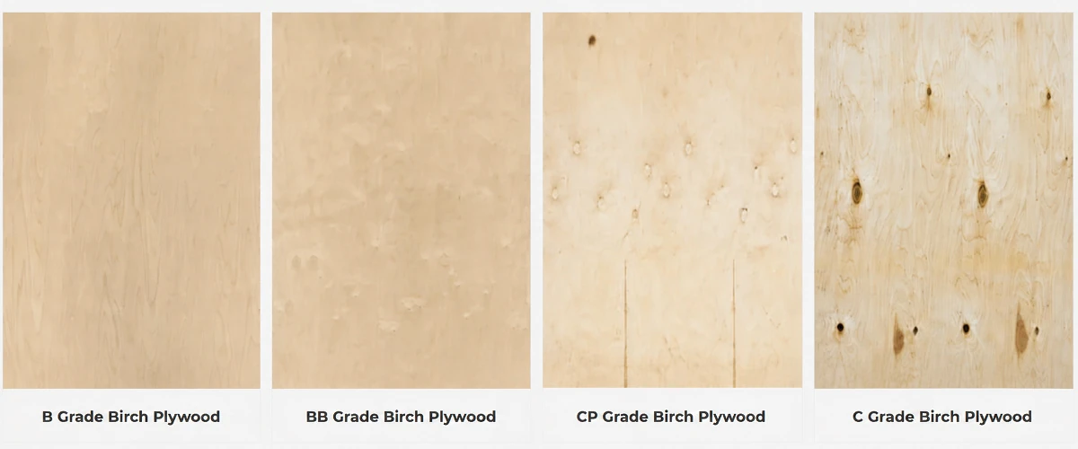 Comparison of B, BB, CP, and C grades of birch plywood showing differences in surface quality.
