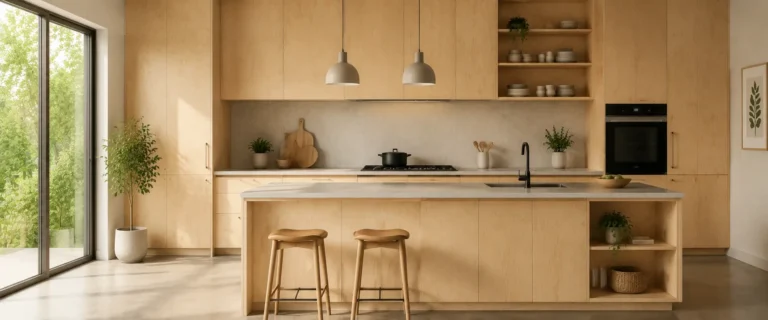 Contrachapado de abedul chapado, utilizado en armarios de cocina y muebles modernos, que muestra una superficie lisa y una elegante veta de madera.