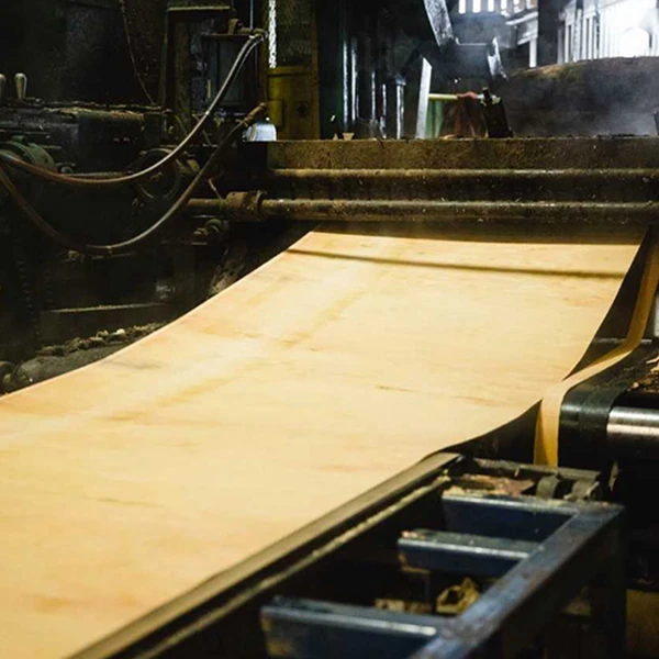 Proceso de pelado de chapas en la fabricación de contrachapado mediante tecnología de corte rotativo.