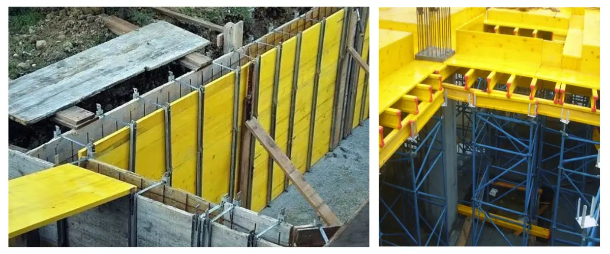 Inspección de calidad de madera contrachapada amarilla de 3 capas utilizada en aplicaciones de encofrado de hormigón.