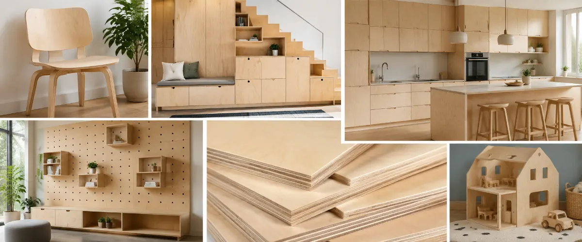Birch plywood applications in furniture manufacturing, cabinetry, and interior decoration projects.