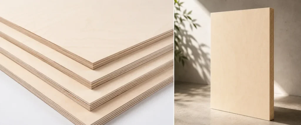 Cross-section of Birch plywood panels showing different core constructions for furniture and construction applications.