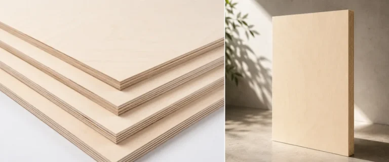 Sección transversal de paneles de madera contrachapada de abedul que muestra diferentes estructuras de núcleo para aplicaciones en muebles y construcción.
