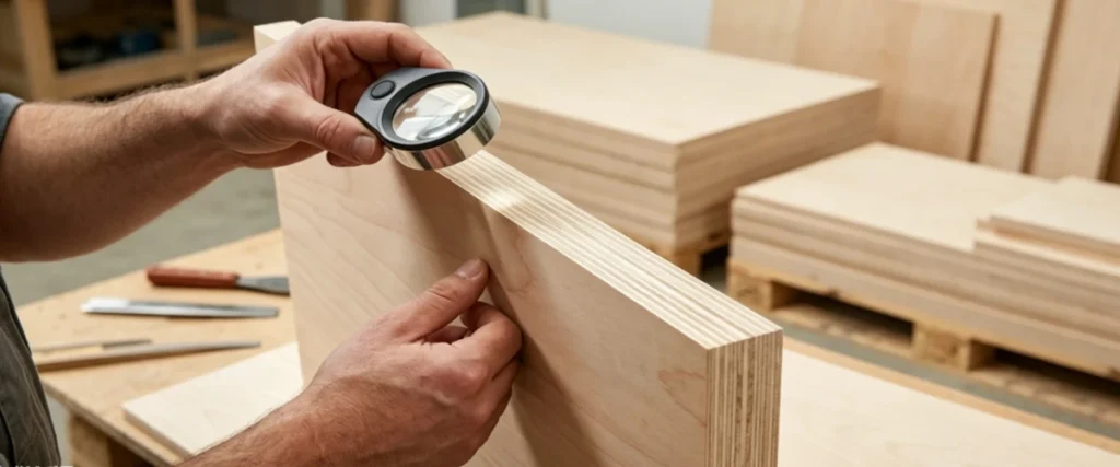 Importer inspecting plywood quality at a Chinese plywood factory for supplier selection.