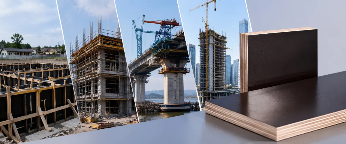 Contrachapado revestido con película, utilizado para encofrados de hormigón en edificios de gran altura, puentes y proyectos de construcción.