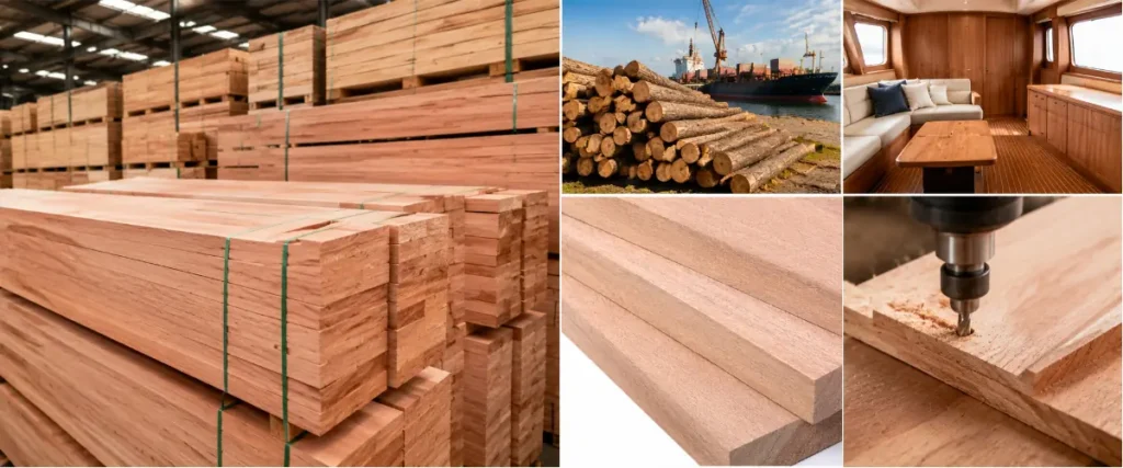 Un importador inspecciona tablones de madera aserrada de Okoume de alta calidad en un almacén de madera.