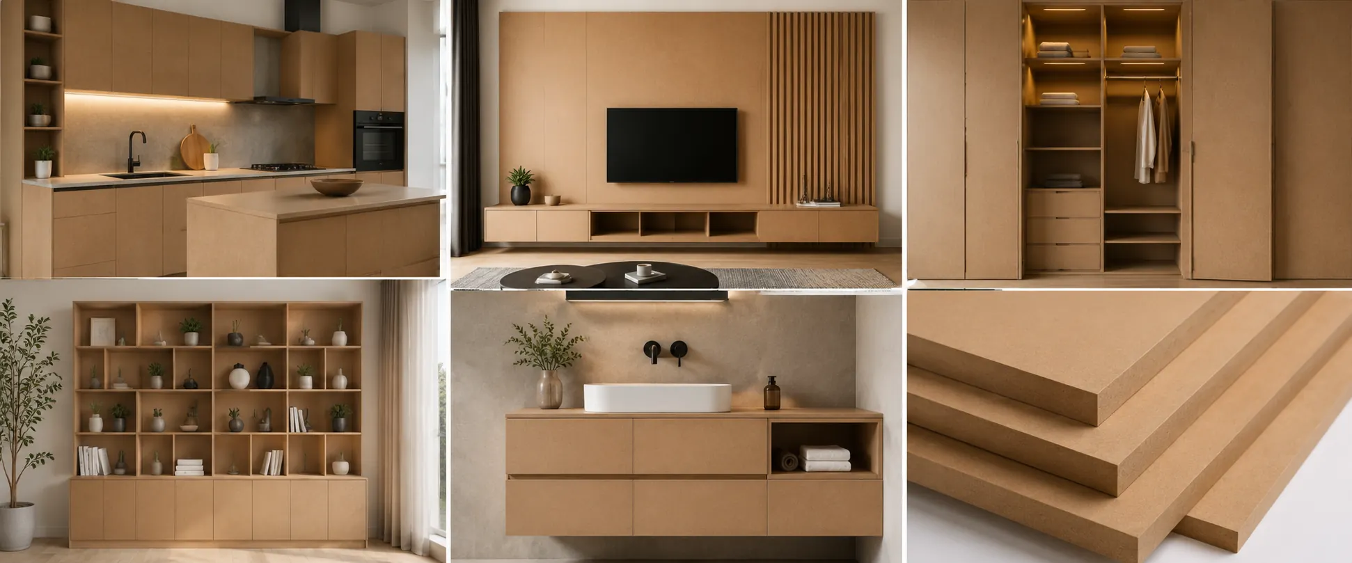 MDF used in furniture, cabinets, wardrobes, and interior decoration applications.