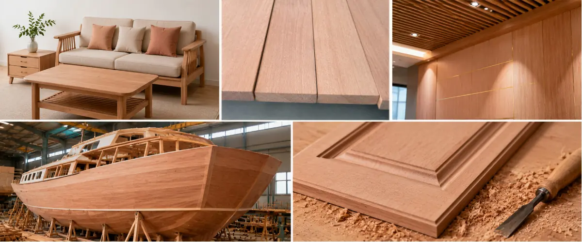 Aplicaciones comerciales de la madera aserrada de Okoume en las industrias del mueble, el contrachapado y el diseño de interiores.