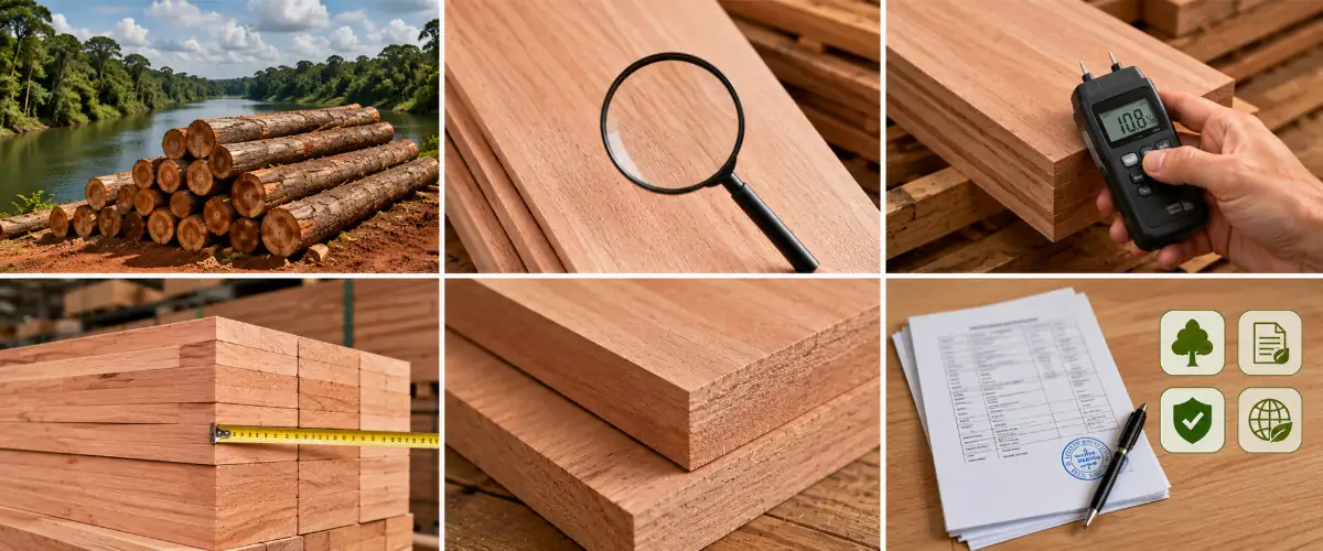 Inspección de calidad de la madera aserrada de Okoume, destacando los factores clave de compra para los compradores.