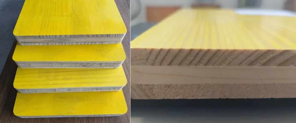 Tablero de madera contrachapada de 3 capas que muestra su estructura de tres capas para aplicaciones de encofrado en la construcción.
