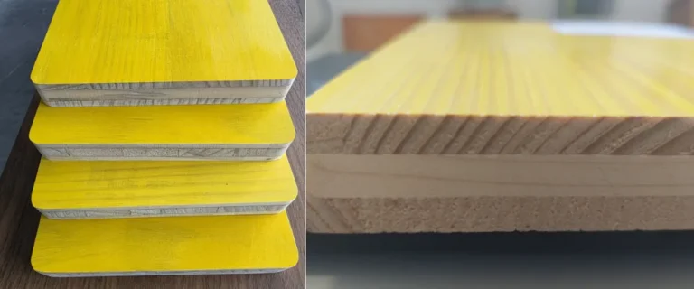 Tablero de madera contrachapada de 3 capas que muestra su estructura de tres capas para aplicaciones de encofrado en la construcción.