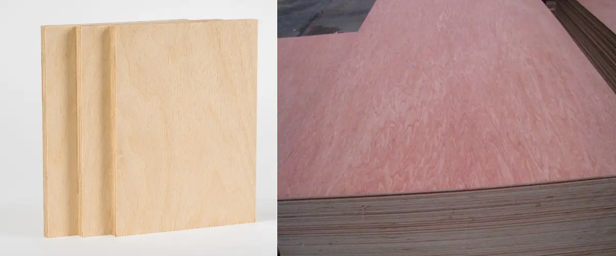 Produktpräsentation aus Sperrholzplatten für den gewerblichen Bereich mit glatter Oberfläche und mehrschichtiger Holzstruktur.