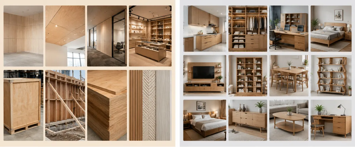 Comparación de las aplicaciones de la madera contrachapada comercial y la madera contrachapada para muebles en la construcción, el mobiliario y el diseño de interiores.