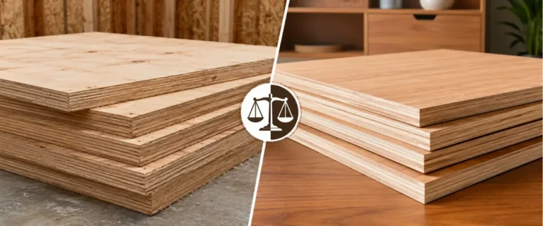 Comparación entre madera contrachapada comercial y madera contrachapada para muebles, que muestra las diferencias en la construcción, la calidad de la superficie y las aplicaciones.