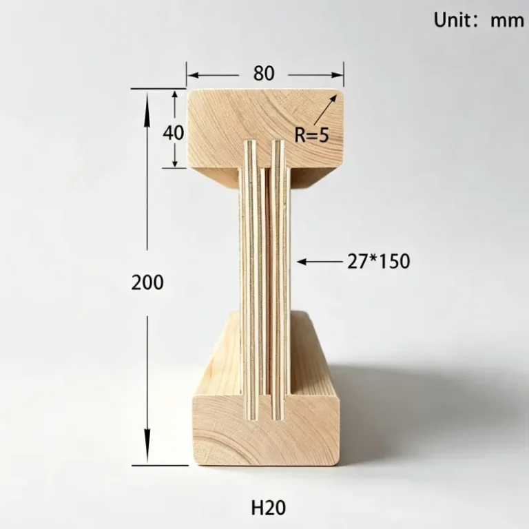 Especificaciones de la viga de madera H20, incluyendo dimensiones y detalles técnicos.