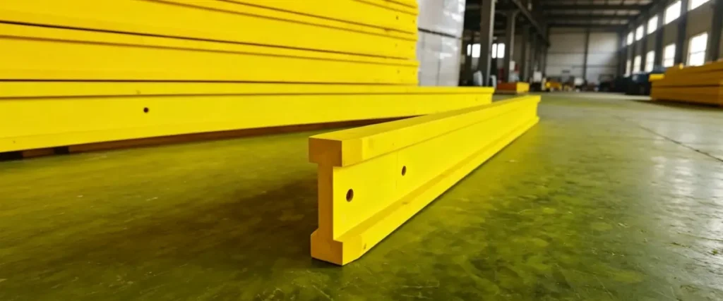 Viga de madera H20 utilizada en sistemas de encofrado de hormigón para soportar paneles de madera contrachapada y cargas de construcción.