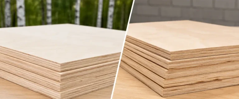Baltic birch plywood and Chinese birch plywood side by side for comparison of construction, surface quality, strength, and cost.