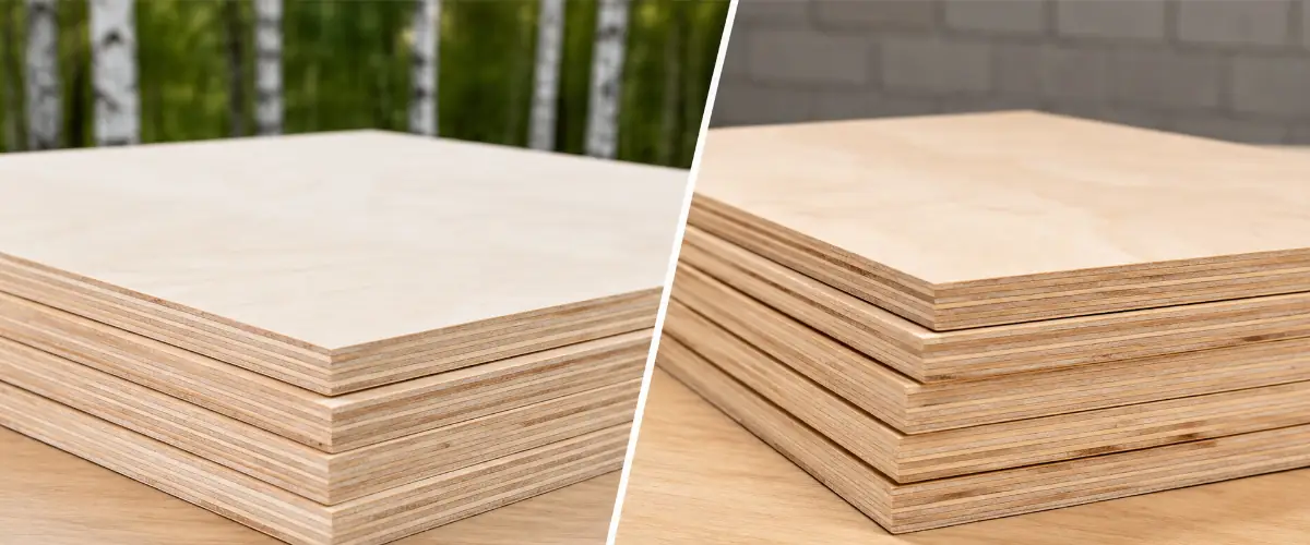Baltic birch plywood and Chinese birch plywood side by side for comparison of construction, surface quality, strength, and cost.