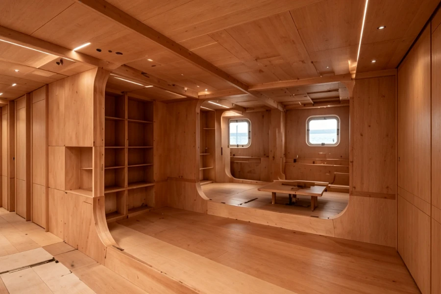 Okoume veneer used in boat building structures for lightweight and durable marine applications.