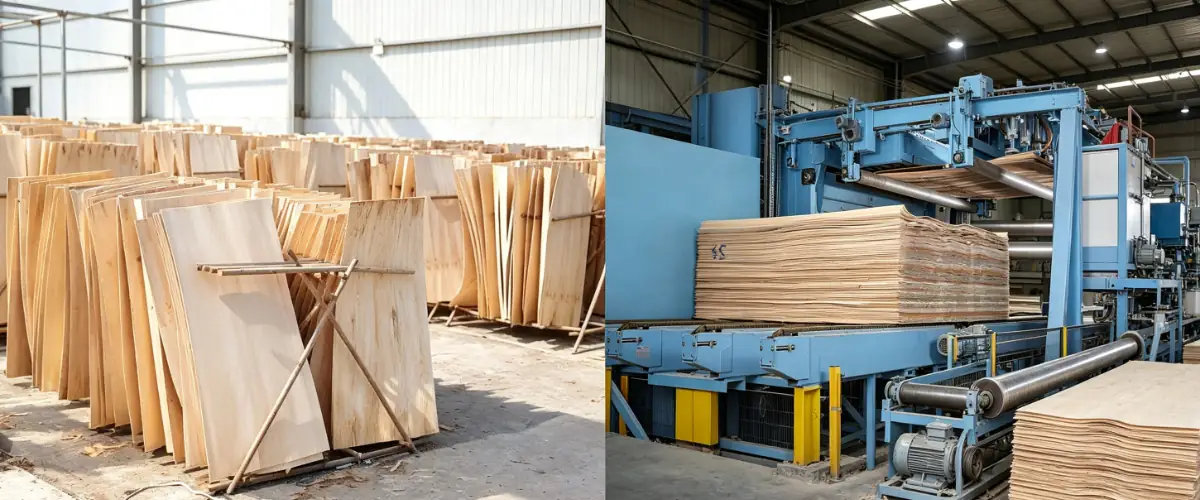 Comparison of industrial veneer drying and natural air drying methods before plywood production.