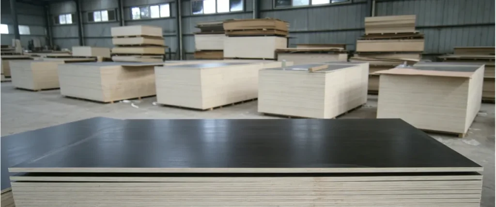 Wholesale film faced plywood sheets stacked in a warehouse for bulk construction and concrete formwork projects.