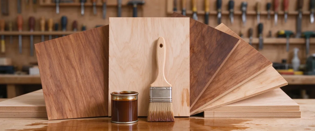 Different wood stain options for plywood, showing how stain can enhance the wood grain and color.