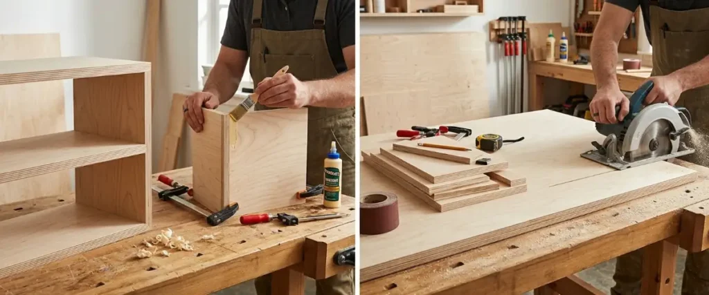 Birch plywood used for DIY furniture and woodworking projects.