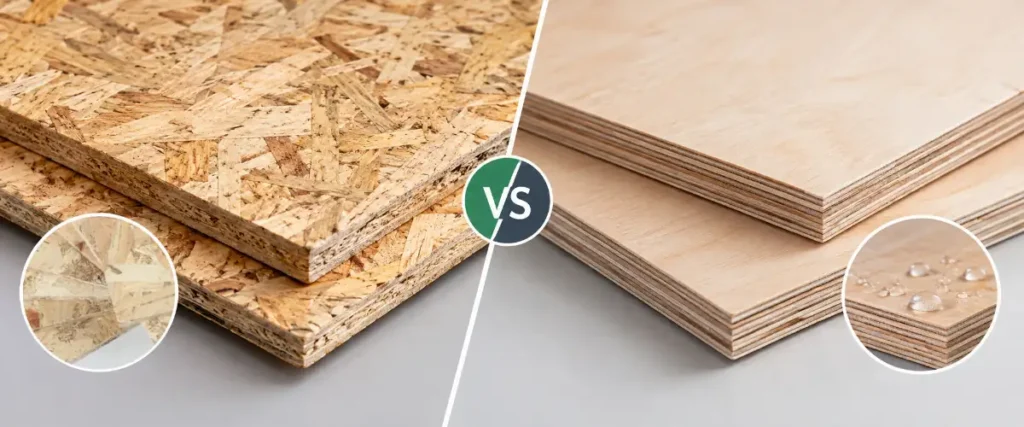 OSB compared to plywood in strength, showing differences in structural performance, stiffness, and durability.