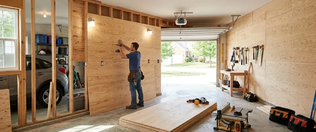 Garage walls lined with plywood for storage, shelving, cabinets, hooks, and workshop applications.