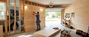 Garage walls lined with plywood for storage, shelving, cabinets, hooks, and workshop applications.