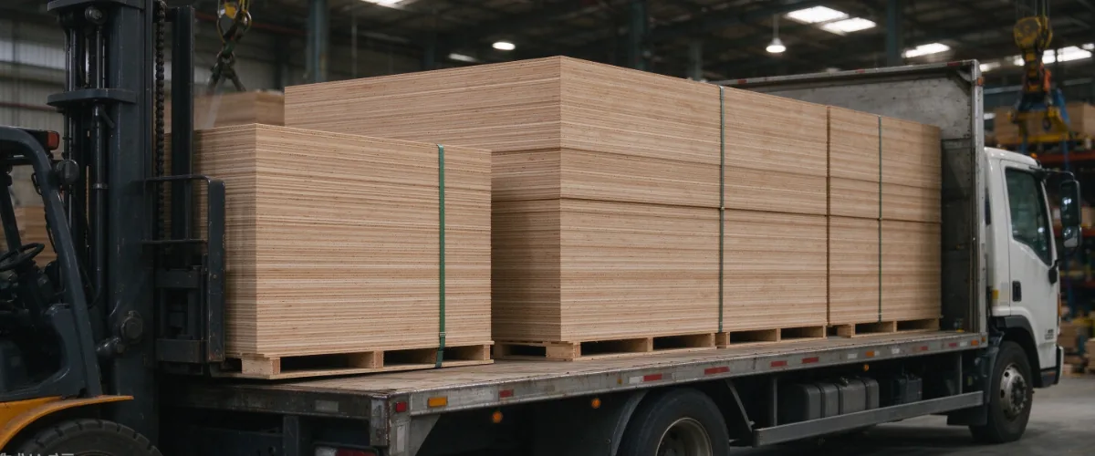 Stacks of 4×8 plywood sheets loaded onto a flatbed truck for construction material transportation.