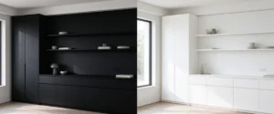 Painéis de melamina a preto e branco expostos lado a lado para comparação de cores em aplicações de mobiliário e armários.
