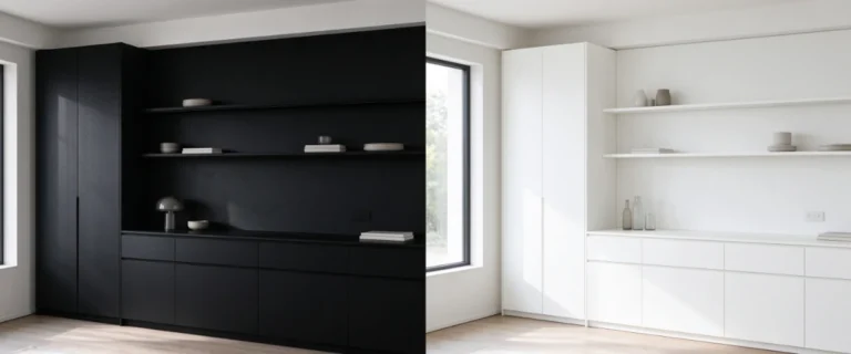 Painéis de melamina a preto e branco expostos lado a lado para comparação de cores em aplicações de mobiliário e armários.