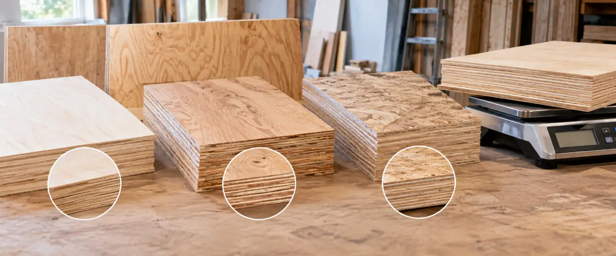Different 4×8 plywood sheets showing variations in thickness, wood grain, and panel structure that affect weight.
