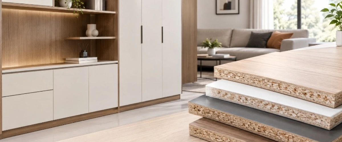 Melamine faced chipboard used in modern furniture, cabinets, and shelving, featuring a smooth decorative surface.