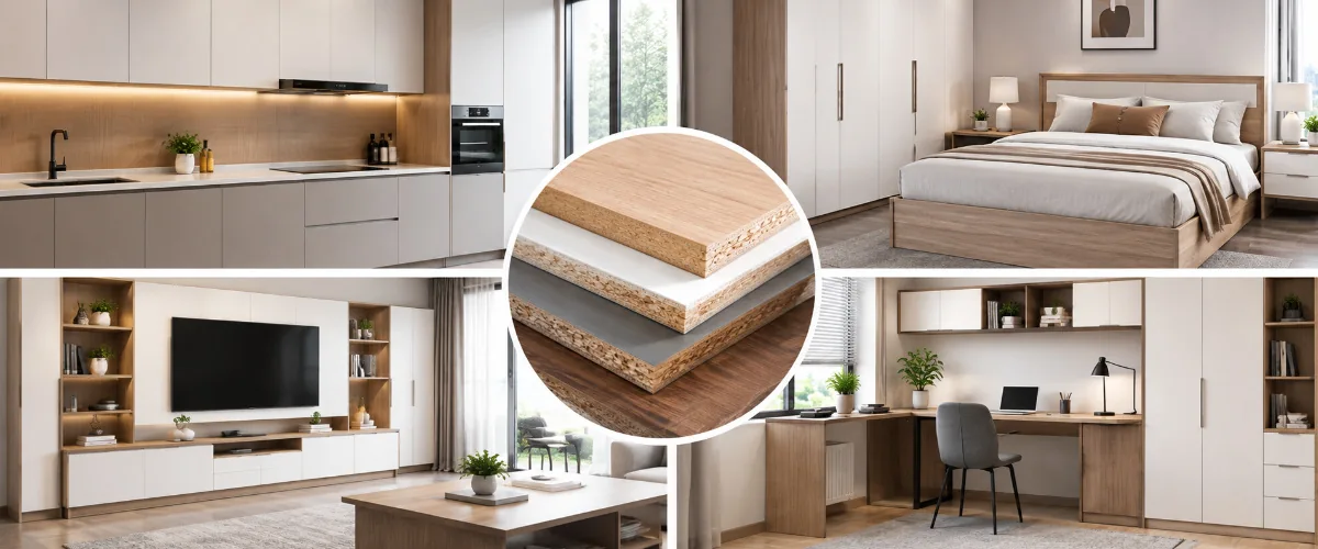Melamine faced chipboard used in modern wardrobes, kitchen cabinets, bookshelves, and storage furniture.