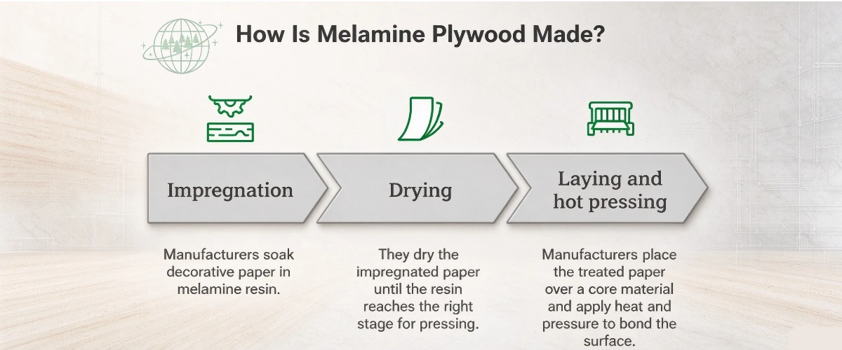 Melamine plywood manufacturing process showing decorative melamine surface lamination onto plywood panels