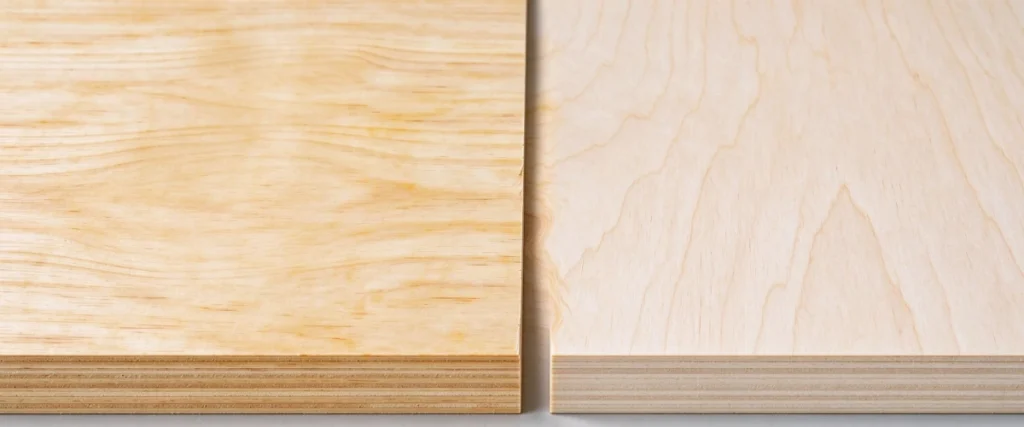 Radiata pine plywood vs birch plywood comparison showing differences in wood grain, strength, and appearance