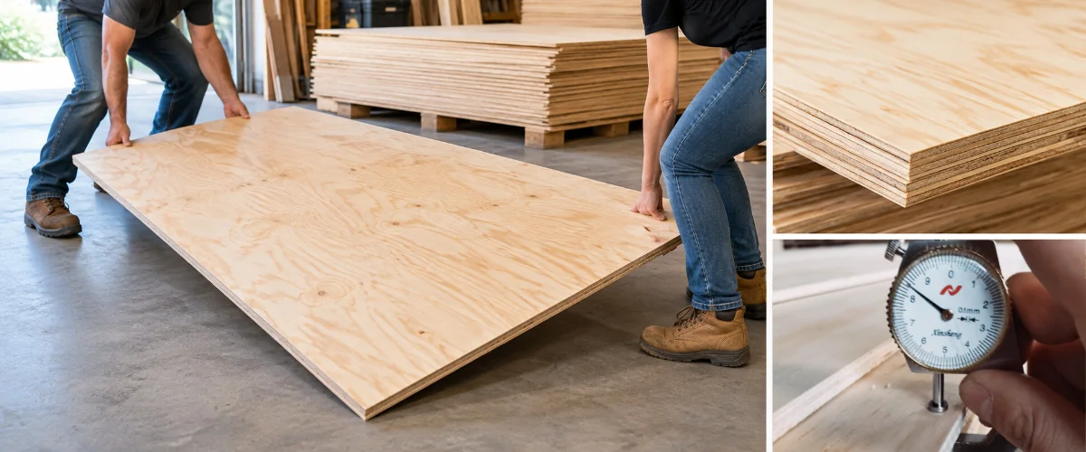 Un panel de madera contrachapada estándar de 4×8 que muestra su tamaño, veta de la madera y grosor como referencia de peso.