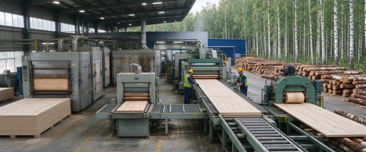 Birch veneer repair, grading, gluing, and lay-up during plywood production
