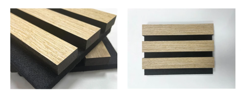 Acoustic wall panel wood slat surface texture detail close-up