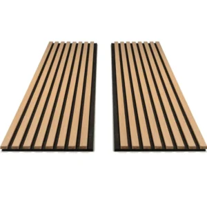 Slat acoustic panel installed in modern living room feature wall interior design
